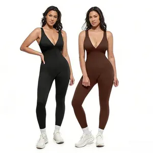 Deep V Shaping Sports Yoga Outfit with Chest Support, Breathable High-Waist Tummy Control One-Piece Suit