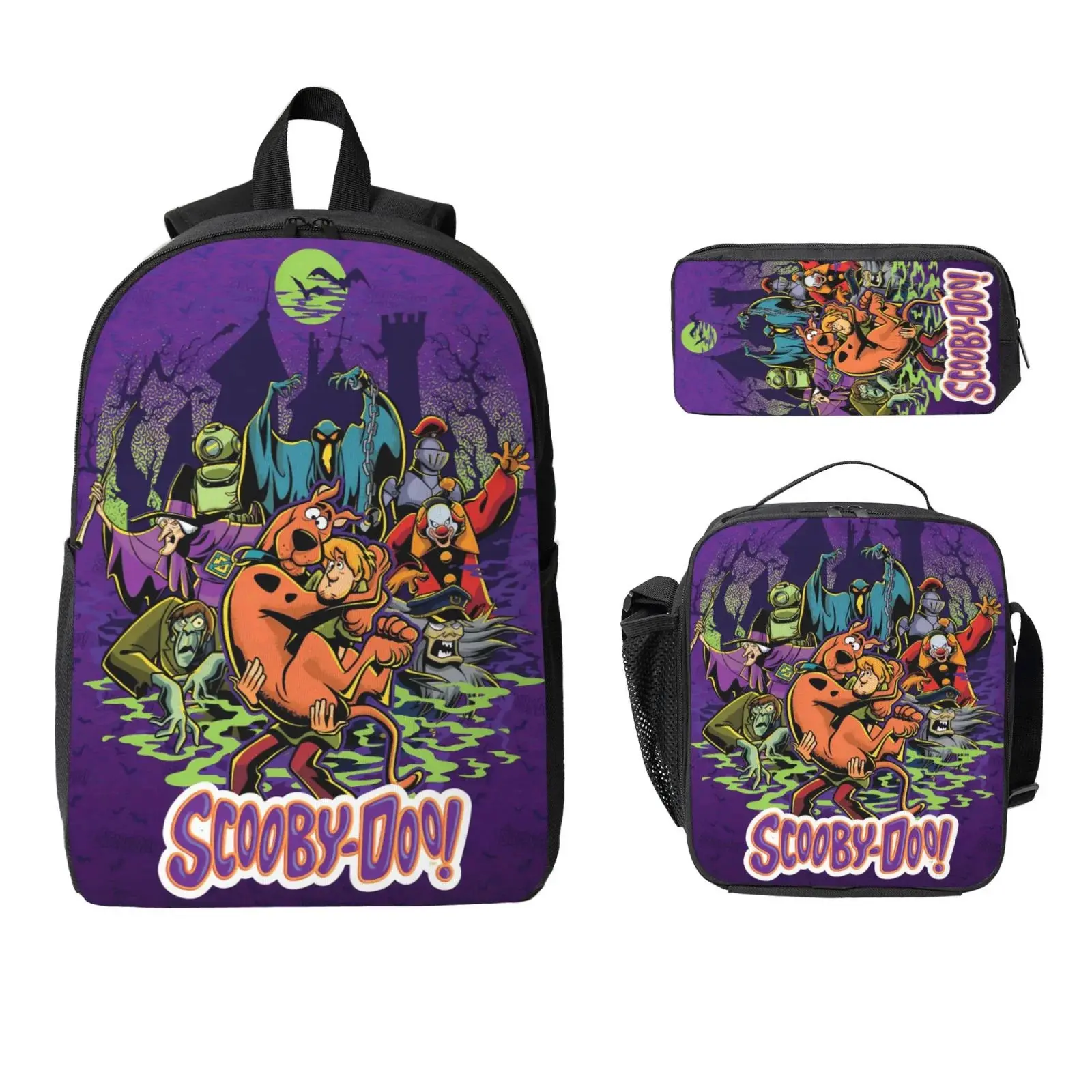 Scooby-Doo 3-Piece Polyester High-Capacity Bookbag Set - Laptop-Fit Campus & Work Backpack with Padded Strap, Large Compartment, Zip Lunch Box and Pencil Case for Biking Use