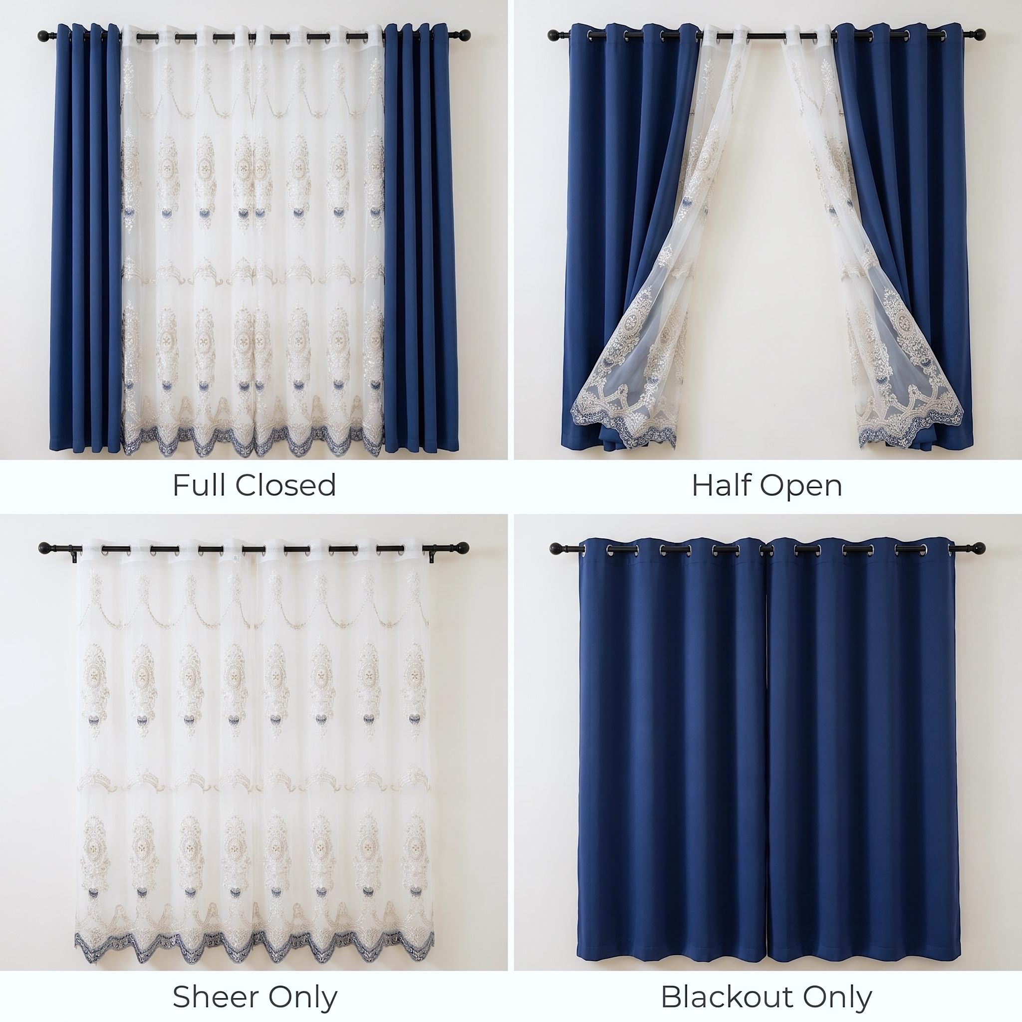 4 Panels Combination Grommets Curtains Including : 2 Panels 52x84 inch Solid Blackout Curtains & 2 Panels 52x90 inch Luxuary Embroidery Curtains QF222 QF78 noise reduction