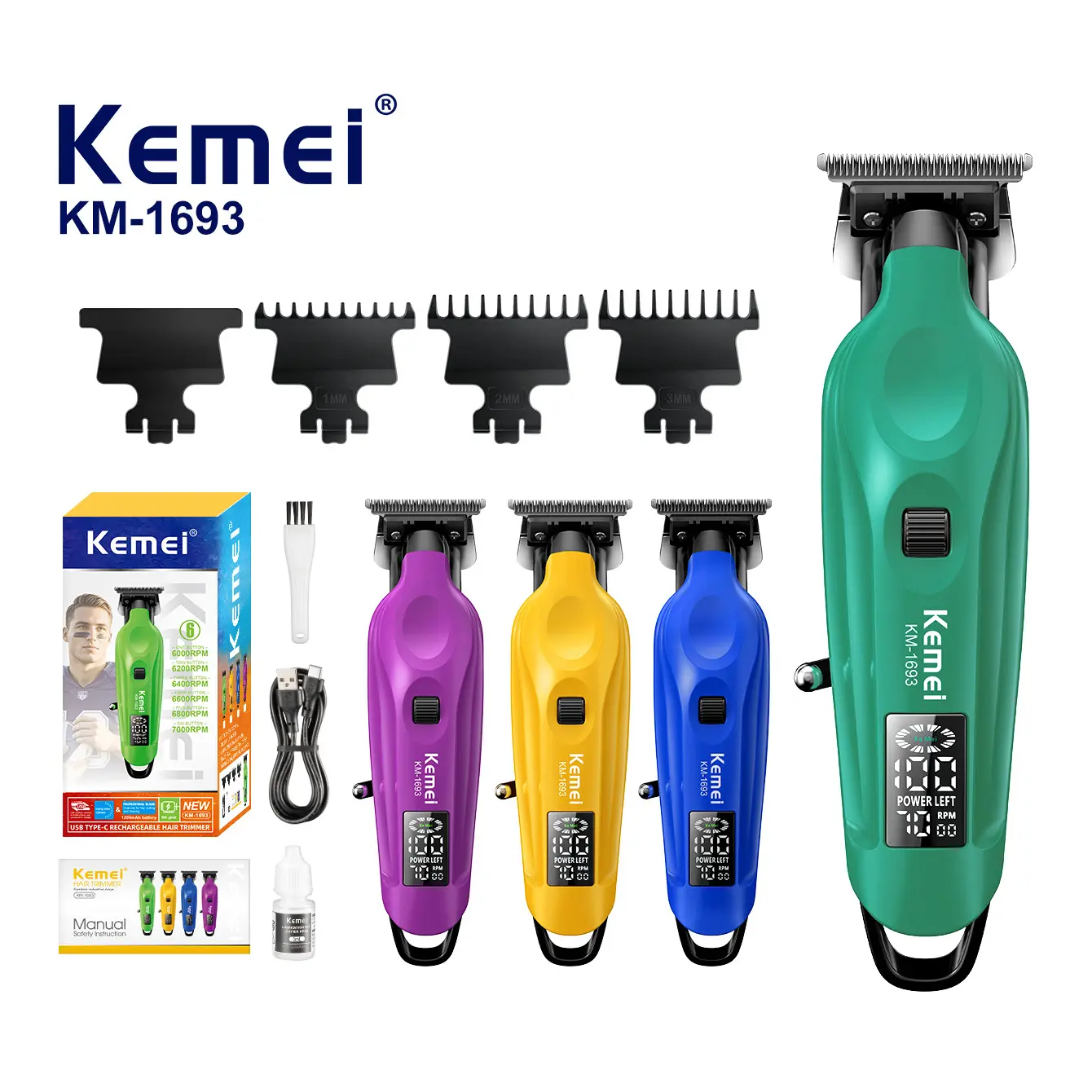 Kemei KM-1693 Professional Rechargeable Barber Clippers - Wireless T-Blade Trimmer, Cordless Hair Cutting Machine, Ideal Holiday Gift for Men, Wireless Trimmer, Hair Trimmer Tool, Salon Clippers