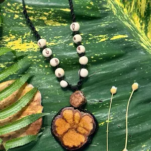Ayahuasca Necklace with Red & Ivory Seeds Handmade Jungle Jewelry Authentic Yagé Cross Section Amulet Natural Macrame Thread Adjustable Length Peruvian Amazon Energy
