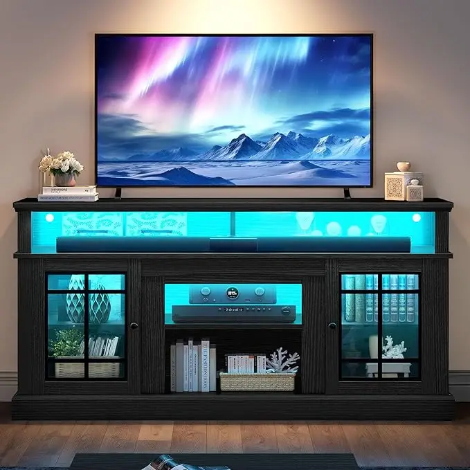 DWVO Black TV Stand for 75 Inch TV with LED Lights, 32'' Tall Modern TV Stands w/Adjustable Shelves&Glass Doors, Mid Century Modern Entertainment Cent