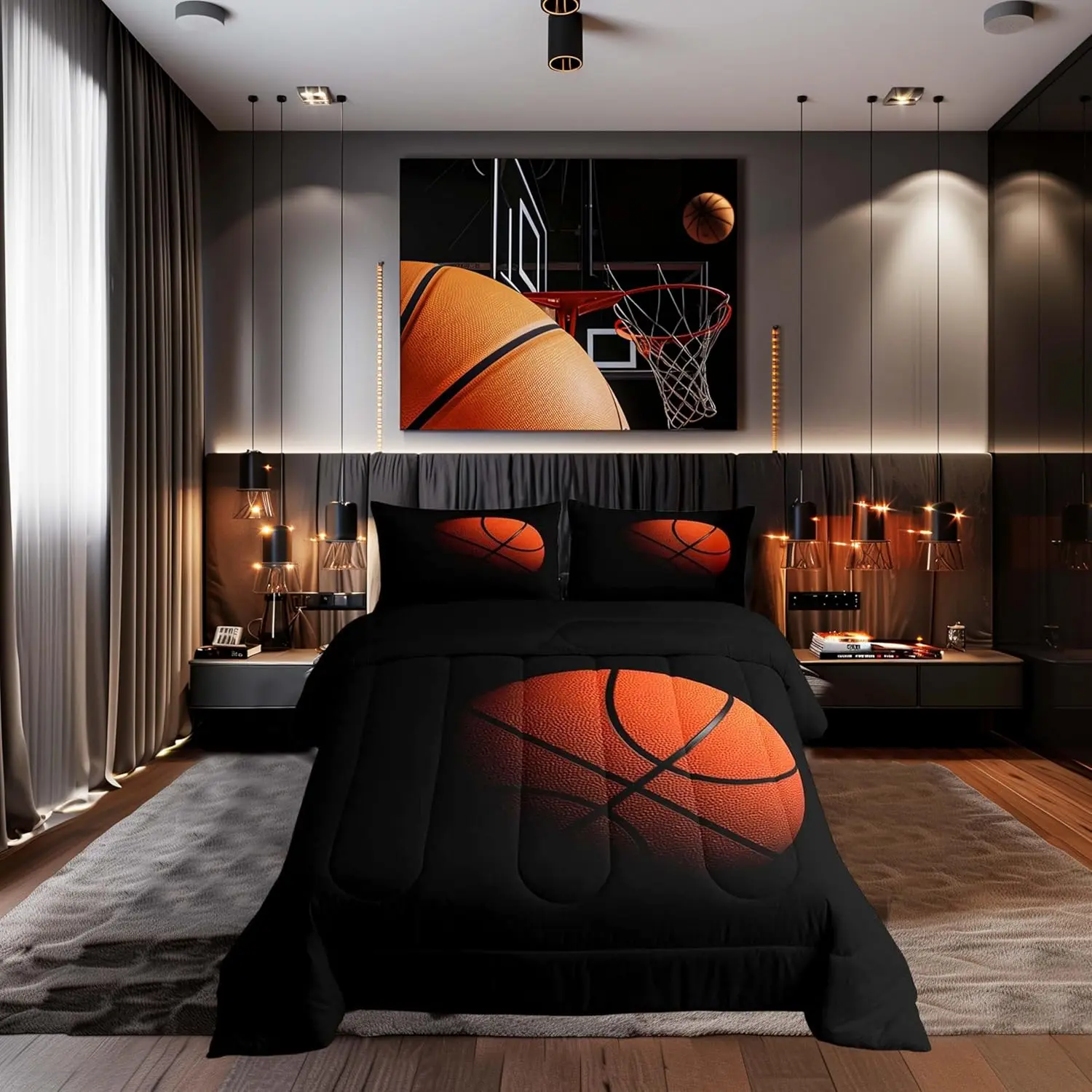 Feelyou 3D Digital Printing Basketball Microfibre Duvet Set - Breathable Textile, Black & Orange, Machine Washable, Multi-Size Sets (Toddler, Twin, Full), Sporty Look Kids Bedding for Dormitory, RV