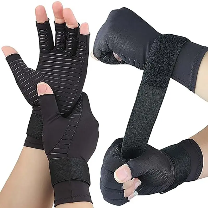 Copper Compression Healthcare Gloves for Carpal Tunnel Pain Relief,with Adjustable Strap to Alleviate Hand Pains,Fingerless Universal Computer Typing Glove for Rheumatoid Women/Men, Breathable Material, Support
