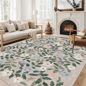 Florals & Leaves Pattern Area Rug, 1 Count Non-slip Soft Floor Mat, Decorative Carpet for Home Living Room Bedroom, Room Decor, Christmas 2024 Ornament, Christmas Gift Ideas, Stocking Stuffers, Living Room Rug, Room Decor for Girls