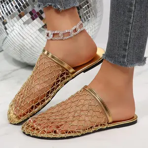 Women's Summer Sparkly Mules Rhinestone Mesh Open Toe Backless Slippers Indoor Outdoor Shoes