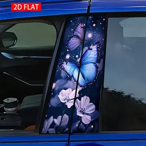 2 Sets Blue Butterfly Car B Pillar Stickers, Car Decals, Easy Peel Off, Sunscreen Waterproof Scratch Resistant, Suitable for All Cars, Car Exterior Decorative Stickers