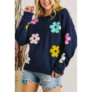 Adora - Flower popped sweater top - Navy