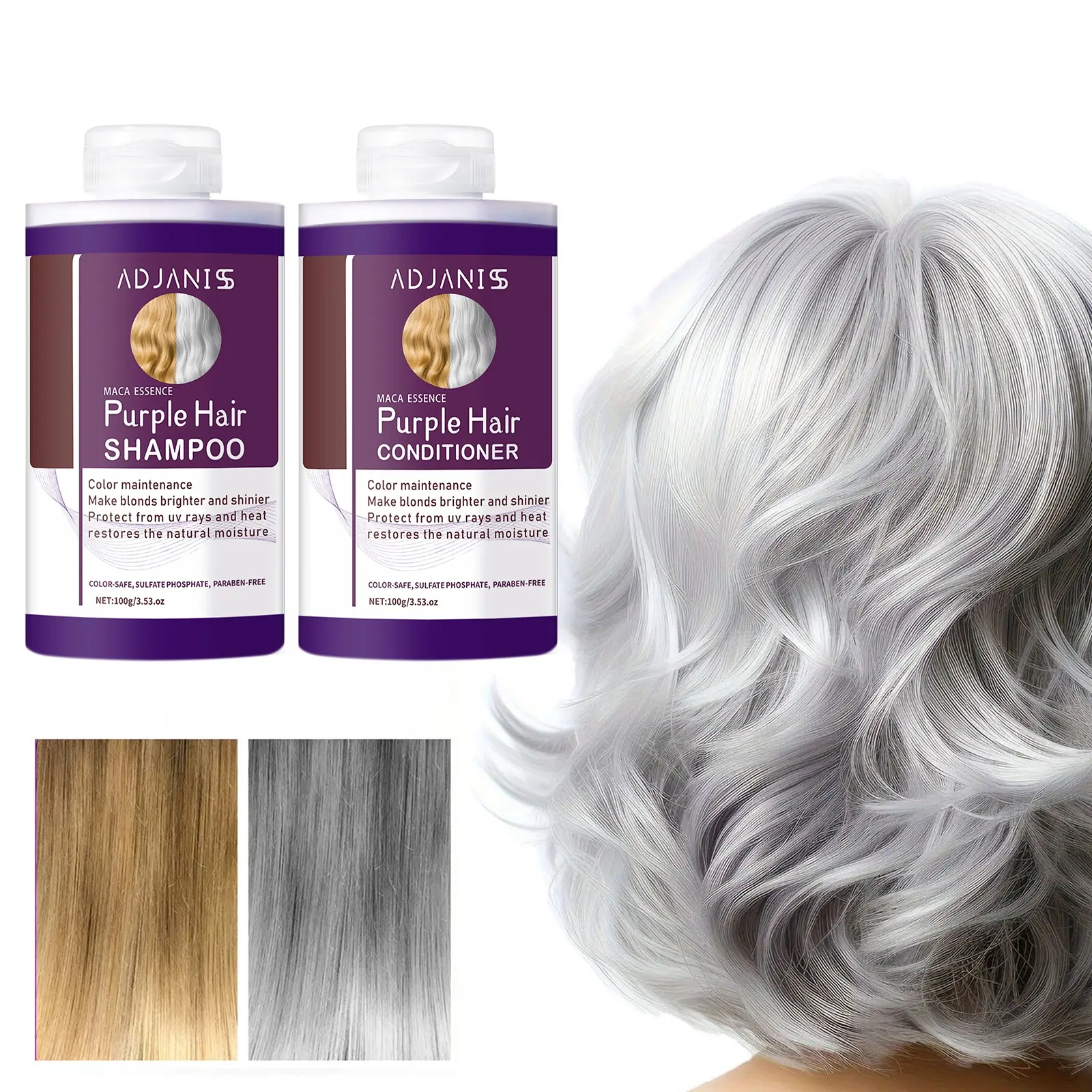 ADJANISS - Purple Shampoo & Conditioner Set Neutralizes yellow tones, maintains vibrant hair color, enhances shine, cleanses and protects color, Cleansing, Travel set, Nourishing Conditioner, Gentle Hair Care, Repairs Hair, Suitable for Blonde/Gray Hair