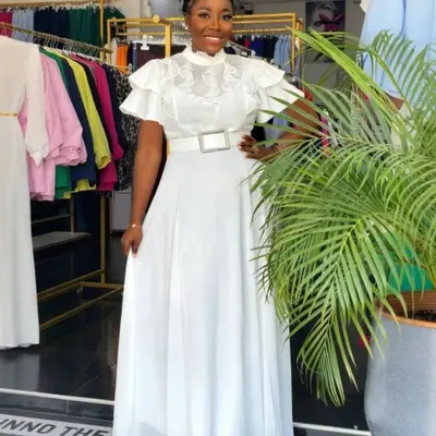formal elegant white dresses for church Beige White Midi Dress Women Elegant Modest Dress, A-line Flowy Dress, Wedding Guest Dress, Church Dress, Classy Feminine Outfit