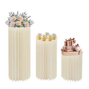 3 Pack Cardboard Flower Stands Cylinder Column 40cm 60cm 80cm Height with PVC Plate for Wedding Party Centerpiece Decoration Folding White