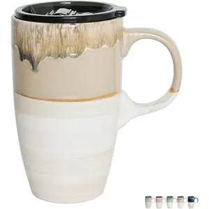 Ceramic Travel Coffeel Mug with Handle and Lid, 18 oz, Portable Coffee Cup for  Cup Holder, Microwave and Dishwasher Safe, Reactive Glaze (Brown Grey)