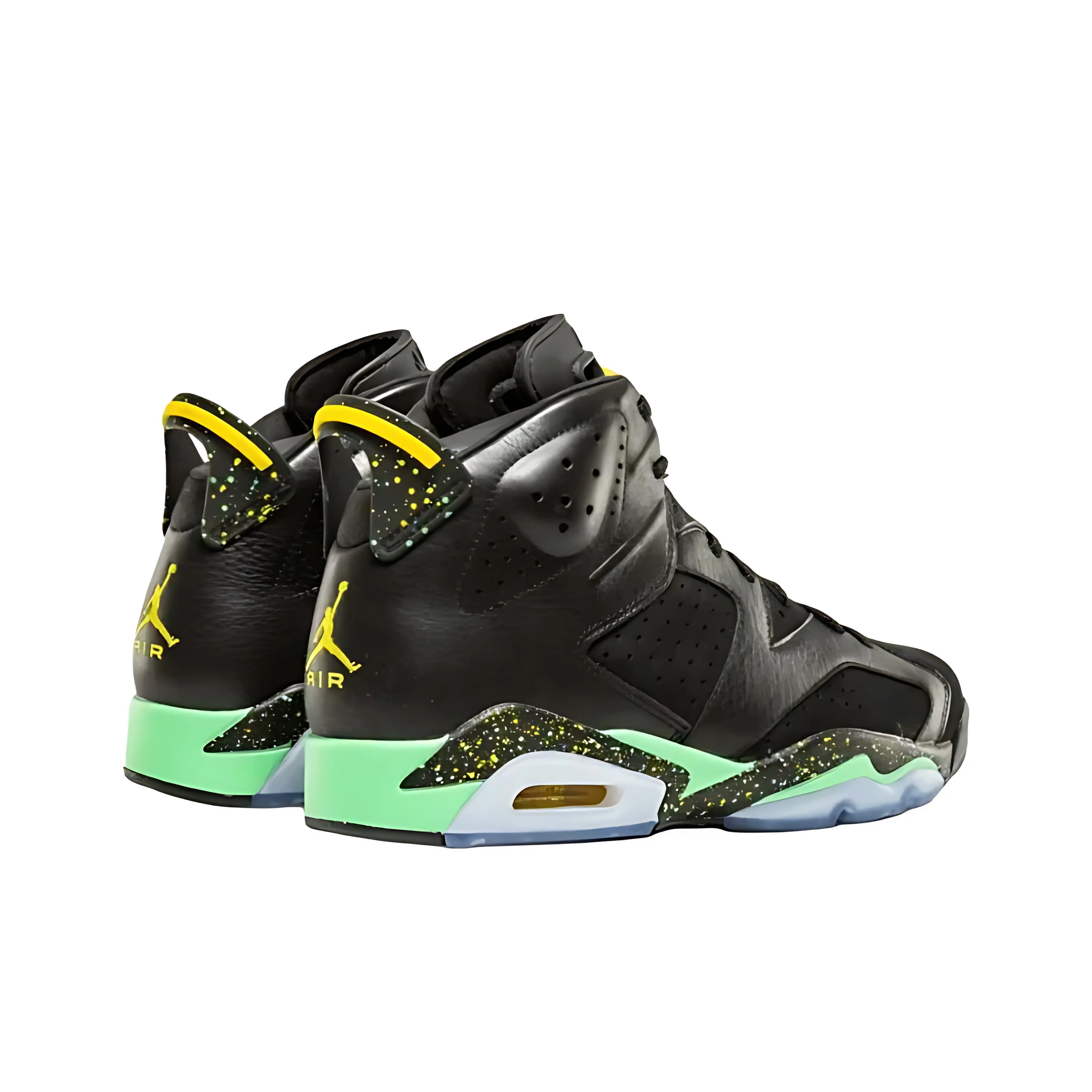 Textured Grain Leather Unisex Dark Tone Athletic Trainers Black Colorway With Neon Green Yellow Splatter Details, Classic Retro High Top Sneakers Brand New Sealed Packaged With Original Shoe Box For All Season Grunge Street Outfits