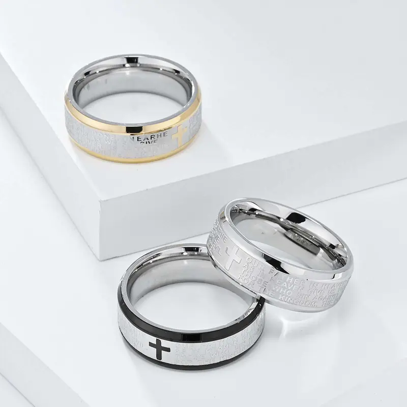 Unisex Non Tarnish Stainless Steel Number 9 Cross Prayer Band Ring - Spiritual Significance Jewelry Ring, Adults' Accessories, Everyday Faith Gift for Women, Artificial Gemstone Jewelry Accessory
