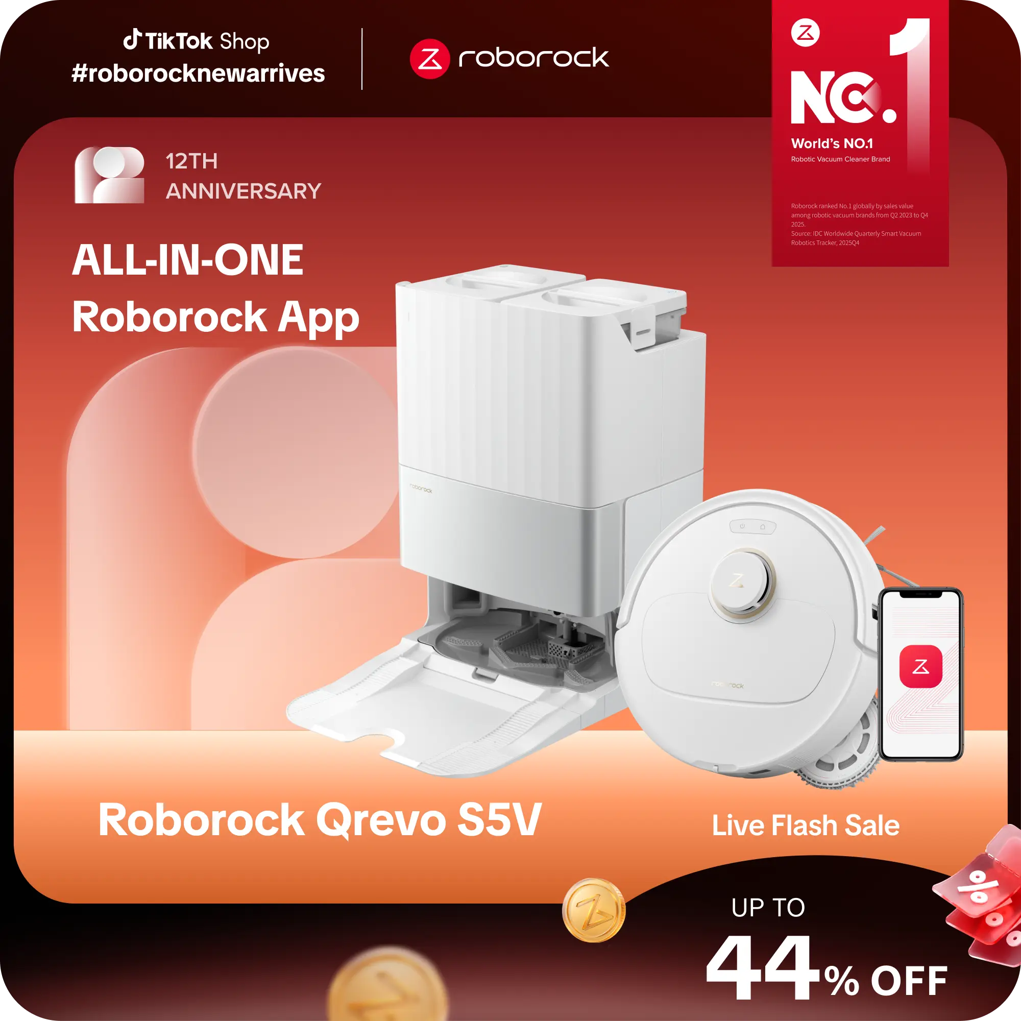 Roborock Qrevo S5V Robot Vacuum and Mop - 12000Pa Suction, Automatic Self-Cleaning Vacuums, Mop Washing, FlexiArm Edge Mopping, Warm Air Drying, Self-Emptying #TikTokShopBack #roborocknewarrivesToSchool