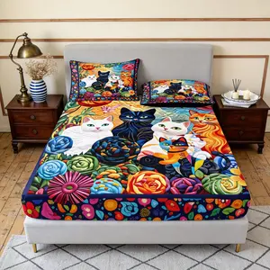 3-piece set, colorful cute cat pattern, fitted sheet and pillowcases, home bedding, Bed Sheets Set, polyester material, various sizes available, soft, comfortable, and breathable, suitable for all seasons (1 fitted sheet + 2 pillowcases).