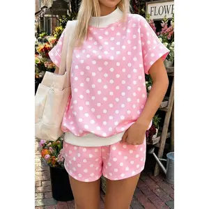 Pink Polka Dot Print Color Block Trim Mock Neck Short Set