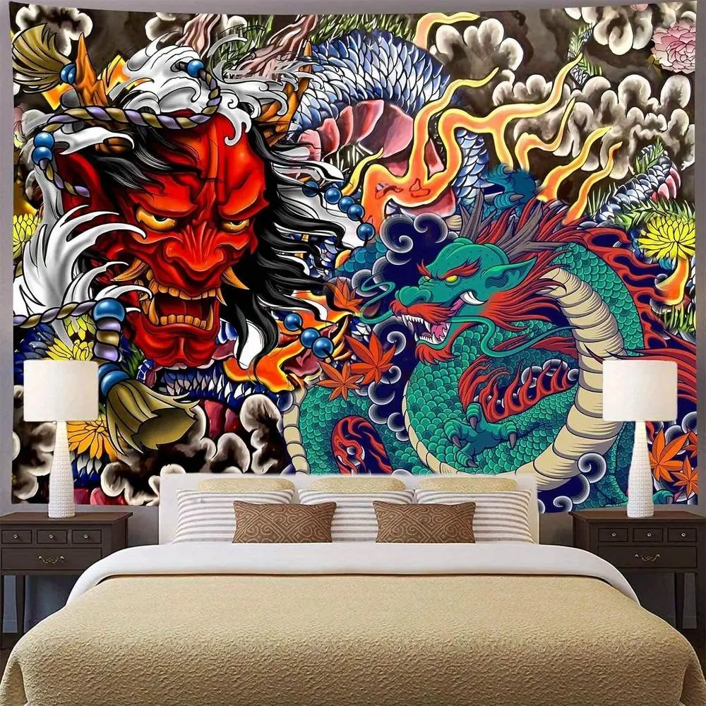 Vibrant Japanese Dragon and Oni Mask Tapestry - Aidatain Anime-Inspired Wall Art, Flannel Fabric, Colorful Asian Decor for Bedroom & Living Room, Anime Room Decor |   Traditional Asian Decor |   Intricate Pattern Tapestry, Kawaii Room Decor