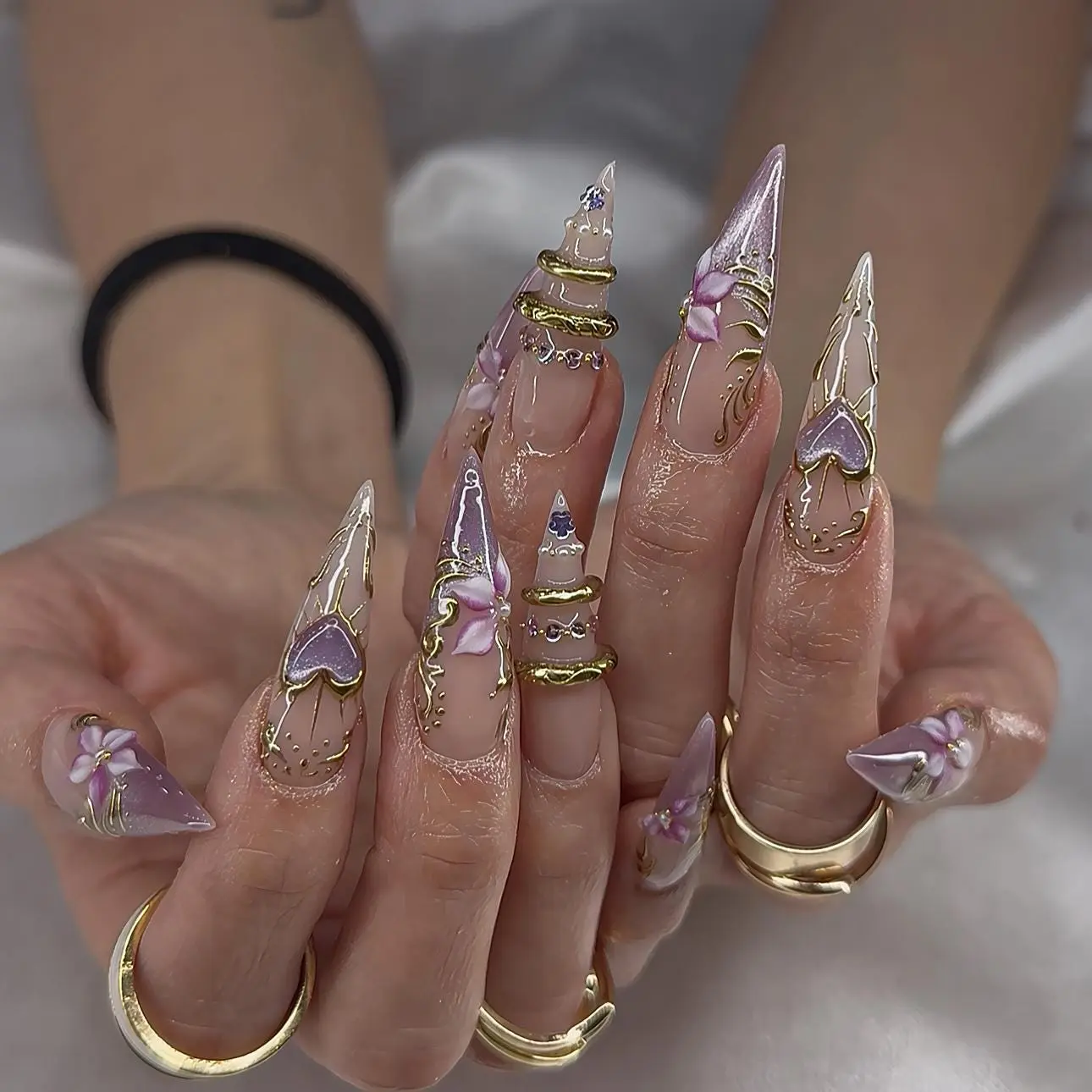 Luxury 3D Gold Filigree Press On Nails – Purple Floral Stiletto Design, Elegant Victorian Handmade Reusable Nail Art