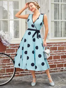 1950S BOW POLKA DOT SWING DRESS Casual Womenswear Summer Sleeveless
