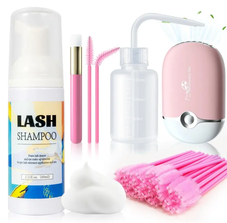 Buqikma Lash Shampoo Kit, Eyelash Extension Cleanser, Pink, 2.02Fl oz | Includes USB Rechargeable Lash Fan, Cleansing Brush, Rinse Bottle & 50 Mascara Wands for Complete Lash Aftercare