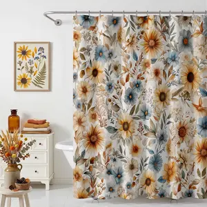2D Flat 1Pc Vintage Floral Shower Curtain Retro Farmhouse Boho Flowers Shower Curtain Waterproof Rustic Mid Century Flowers Bath Curtain for Farmhouse Floral Bath Decor 71 X 71 Inch