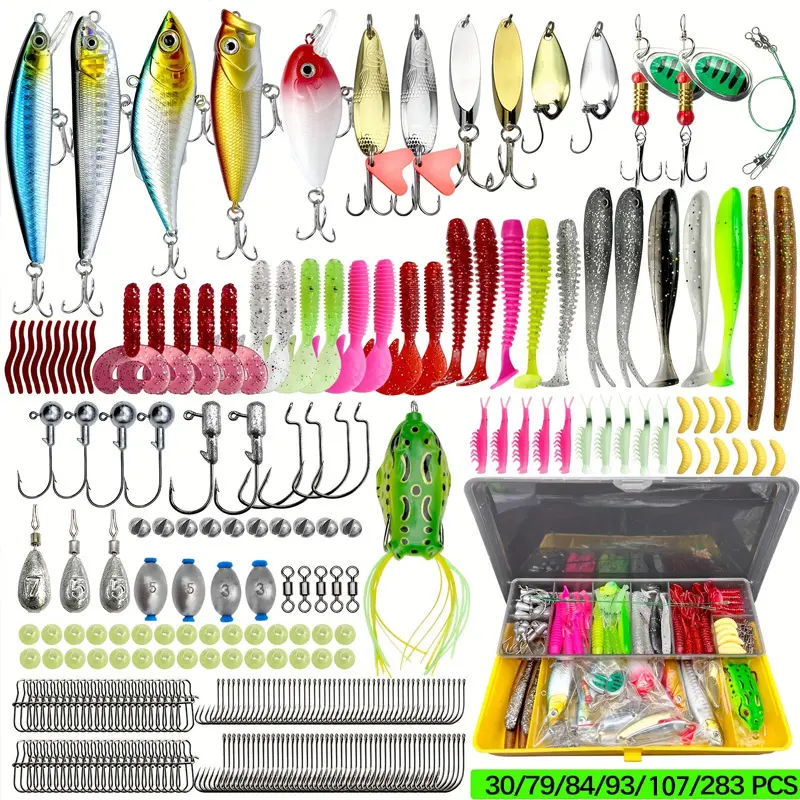 This Is a 107pcs Topwater Fishing Bait Set, Suitable for Bass, Trout, and Salmon. It Includes Small Fish Pellets, Spoon-shaped Baits, Soft Plastic Worms, a Bait Container, a Hook Head, and a Bait Storage Box.