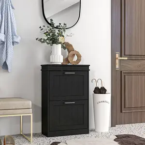 Minimalist Modern Shoe Storage Cabinet Black Painted MDF Board Construction Elegant Shaker Panel Flip Drawers Clean Linear Outline Strip Handles Multi Scenario Decorative Entryway Cabinet For Home Interior