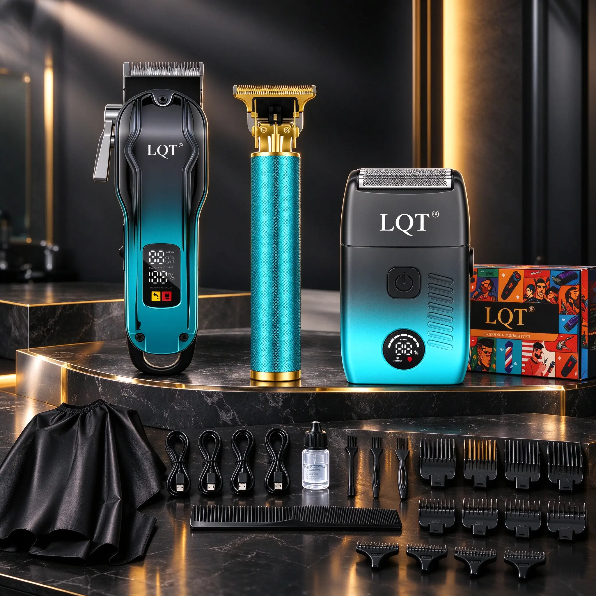 LQT Professional Grooming Set—Black-and-blue gradient digital hair clipper, gold T-shaped trimmer, and reciprocating razor, with combs, a cape, and a full set of salon accessories—for men’s at-home haircuts, beard trimming, and shaving