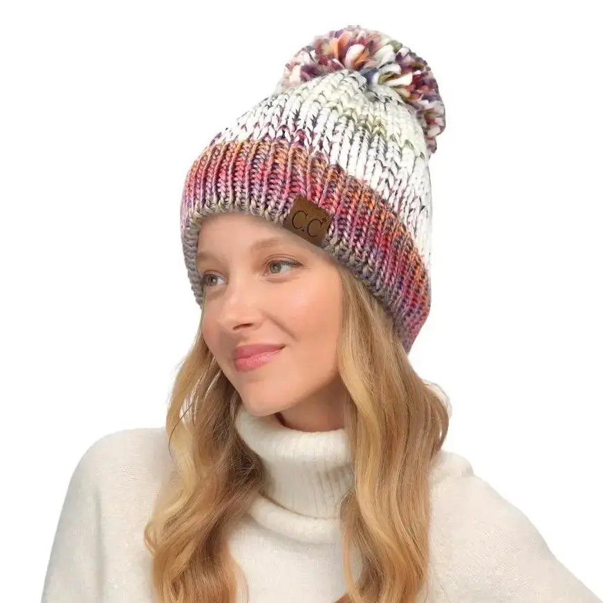C.C Multi Color Yarn Beanie with Pom for Women – Vibrant, Cozy Winter Hat with Playful Colorful Accents and Stylish Pom Detail casual knit