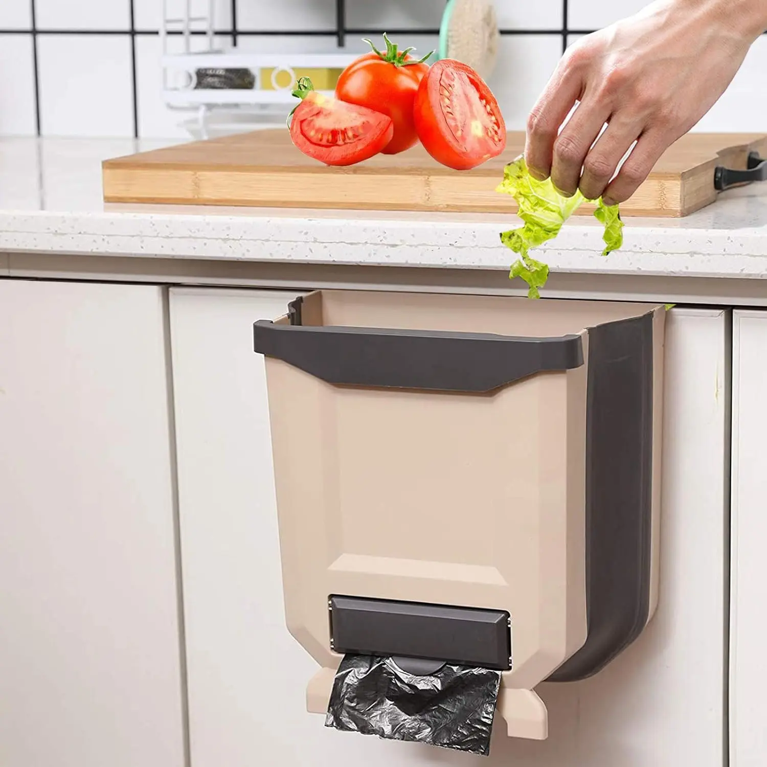 YCOCO Hanging Kitchen Trash Can,2.4 Gallon Collapsible Waste Bin,Small Plastic Folding Hang Garbage Can for Cabinet Car Bedroom Bathroom Kitchen Office,Coffee