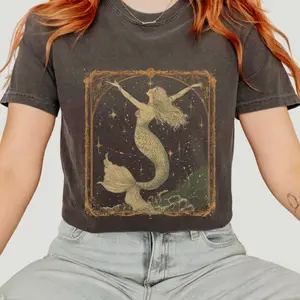 Comfort Colors Vintage Mermaid Graphic T-shirt, Trendy Mystical Art Nouveau Ocean Illustration Shirt Gift For Women, Mermaid Sun Moon Shirt