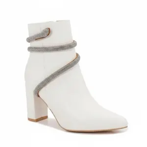 White Leather Ankle Boots with Rhinestone Straps and Chunky Heel for Women