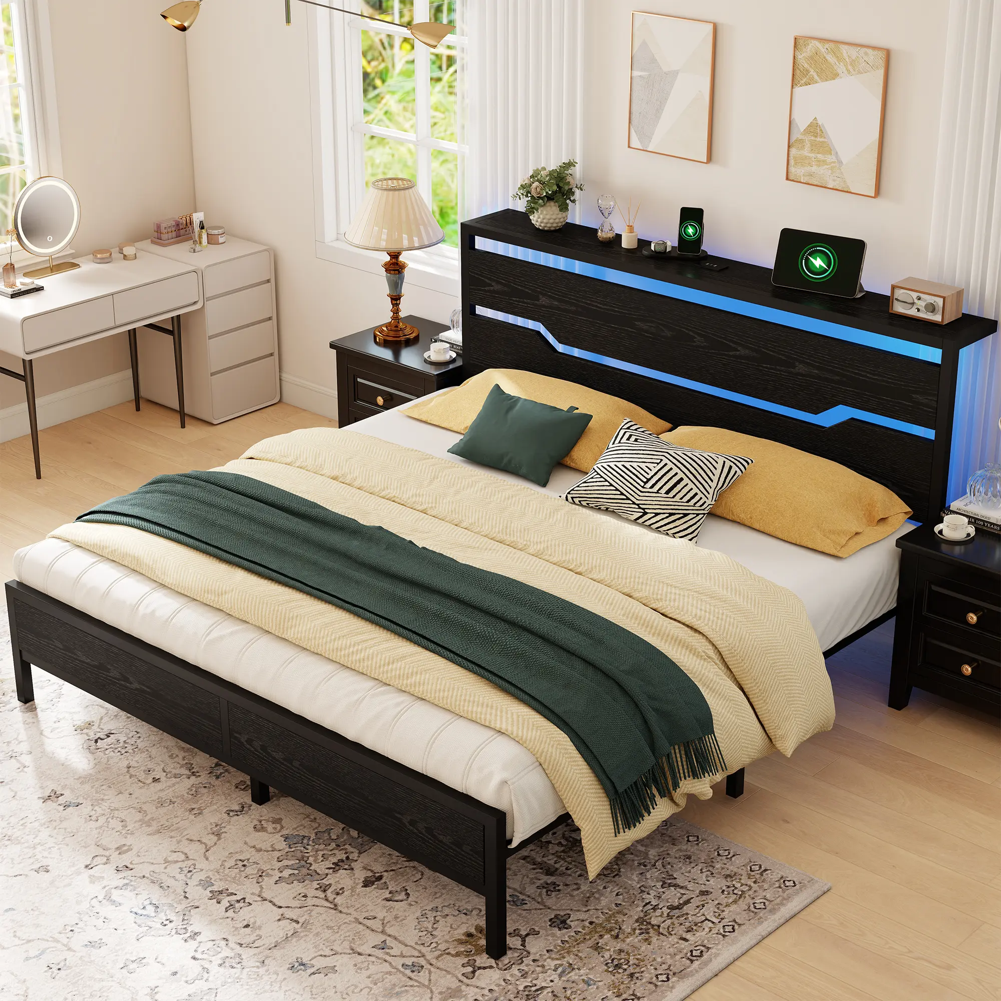 Raybee Industrial Bed Frame for Full, Queen, King, Modern LED Bed Frame with USB Ports & Storage Shelf On Headboard, Fit 8-12 Mattress, Holds 900LBS with Metal Slats,  Platform Bedframes with Underbed Spaces, No Box Spring Needed, Black, Rustic Brown