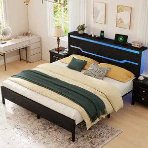 Raybee Industrial Bed Frame for Full, Queen, King, Modern LED Bed Frame with USB Ports & Storage Shelf On Headboard, Fit 8-12 Mattress, Holds 900LBS with Metal Slats,  Platform Bedframes with Underbed Spaces, No Box Spring Needed, Black, Rustic Brown