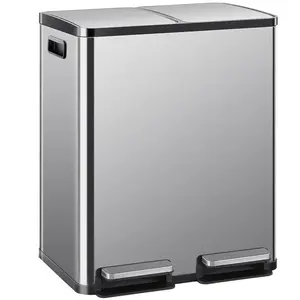 16-Gal Stainless Steel Kitchen Trash Can - Dual Compartment, Fingerprint-Proof, Waterproof, Pedal Opener Lid, Stainless Steel Bins for Home & Office, Trash Cans For Kitchen, Foot Pedal