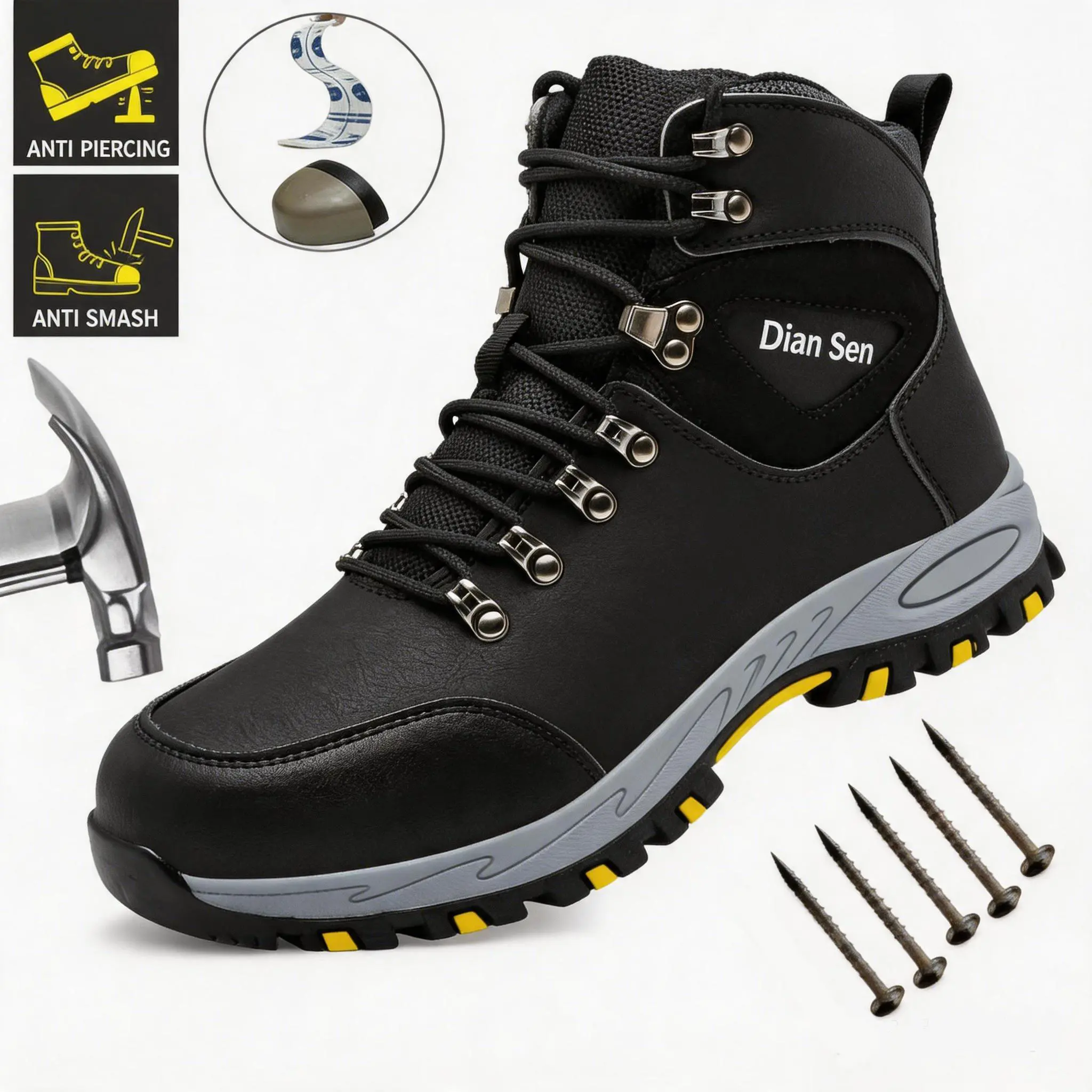 Men's Steel Toe Work Boots - All-Season, Anti-Smash, Puncture-Proof, Wear-Resistant, Heavy-Duty Closed Mesh Walking Shoes for Factory, Construction Workers, Boot