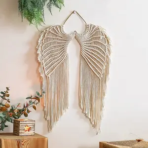 Bohemian Angel Wings Woven Wall Hanging Tapestry Handcrafted Cotton Rope Macrame Art Fringe Ornament for Bedroom Living Room Nursery Home Decor