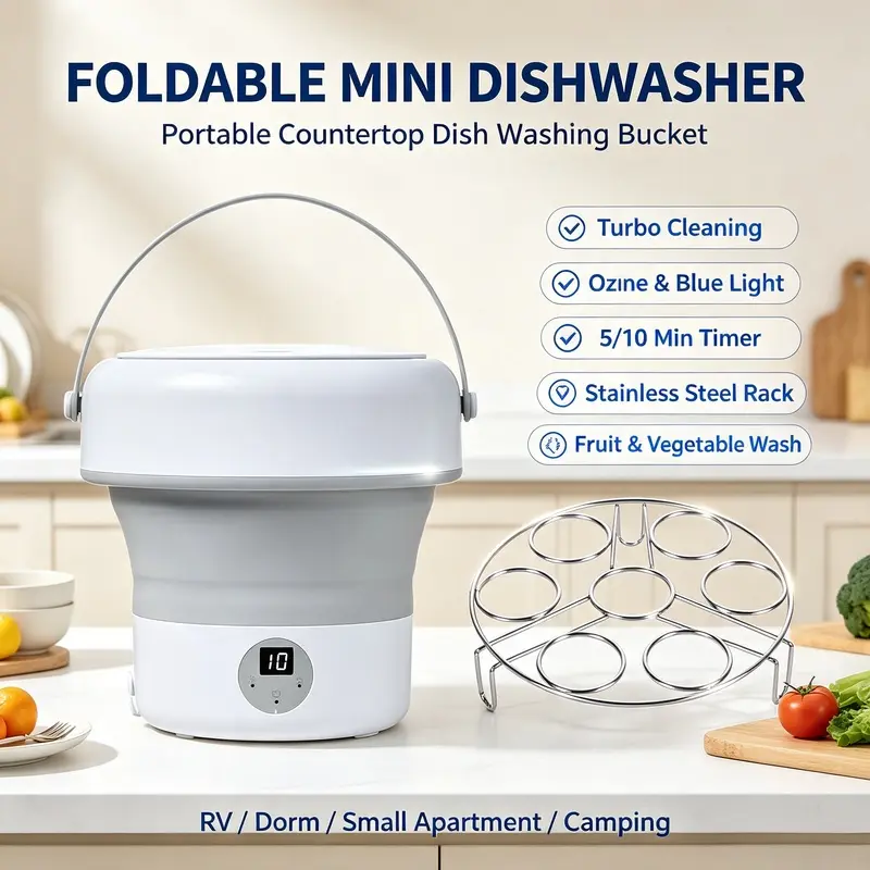 Foldable Mini Dishwasher, Portable Countertop Dish Washing Bucket with Turbo Cleaning, Ozone & Blue Light Function, 5/10 Min Timer, Stainless Steel Rack, Compact Dishwasher for RV, Dorm, Small Apartment, Fruit & Vegetable Wash