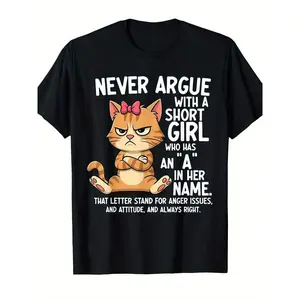 Angry Cartoon Cat Pattern T-Shirt - Personalized Black T-Shirt, Decorated with Orange Furry Cat and Playful Slogan: "Never Argue with a Short Girl with the Letter A in Her Name" - A Fun Fashion Item Designed for Cat Lovers and Humor Enthusiasts