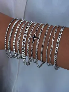 Men's Hip Hop Cross Stainless Steel Wrist Bracelet Set, 12-Piece Stackable Bracelets Casual Daily Wear Jewelry Gift for Men, Perfect for Parties & Birthdays