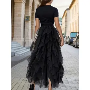 [Casual Tutu Skirt] Casual Elastic Waist Mesh Layered Skirt | Women's Solid Color Tiered