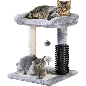 Cat Scratching Post 4-in-1 with Self Groomer Brush 20" Tall Natural Sisal Scratcher Perch Bed Dangling Ball Scratch Pad Nail