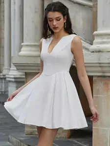 Elegant V-Neck Solid Color Pleated A-Line Sleeveless Dress, Comfortable Fashion Party Dress, Perfect for Weddings and Events