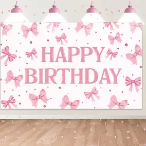 Pink Bow Birthday Backdrop,Bow Happy Birthday Banner Decorations for Girls Women Party Decor