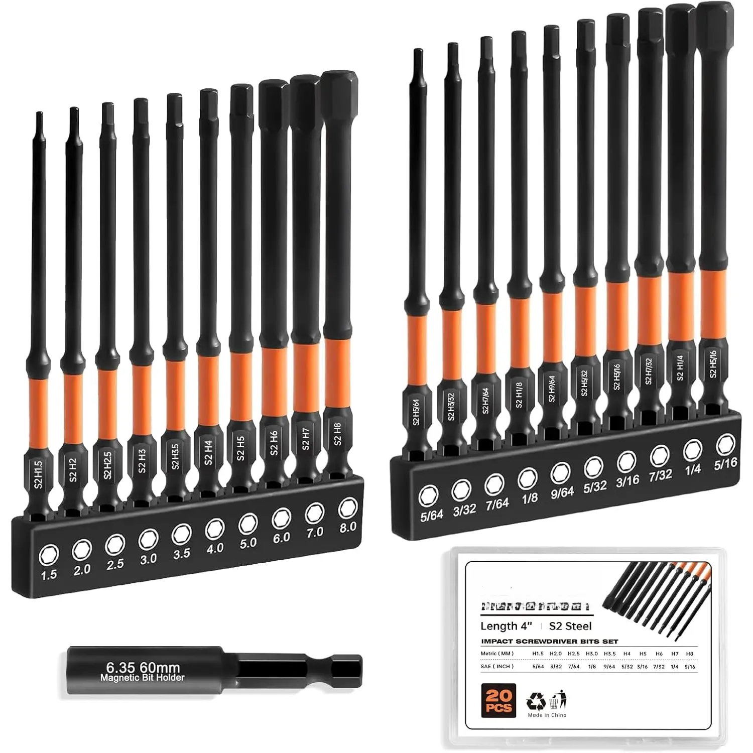 Allen Wrench Drill Bit Set for Impact Drivers - 20 count 4" Long Hex Bits (Metric & SAE) with 1/4" Hex Shank, S2 Steel and , Heavy-Duty CNC Machined Tips, Extension Socket and Storage Box