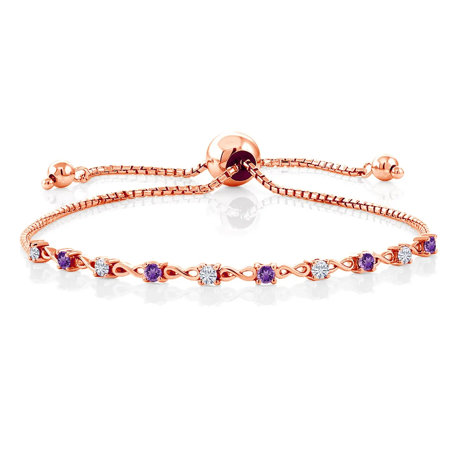 Gem Stone King 18K Rose Gold Plated Silver White Moissanite and Gemstone Birthstone Infinity Tennis Bracelet For Women | Round 2.5MM | Adjustable Bolo Bracelet Up to 9 Inch | Easy-On Easy-Off