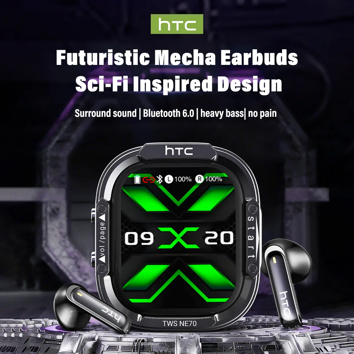 [ heartfelt gift ] HTC NE70 Bluetooth 6.0 Earphones Light Weight in Ear IPX5 Waterproof Headphones Wireless Earbuds with Smart Touch Screen Suitable for Gaming Office Sports Study and Audio Calls Built-in Microphone Earphones