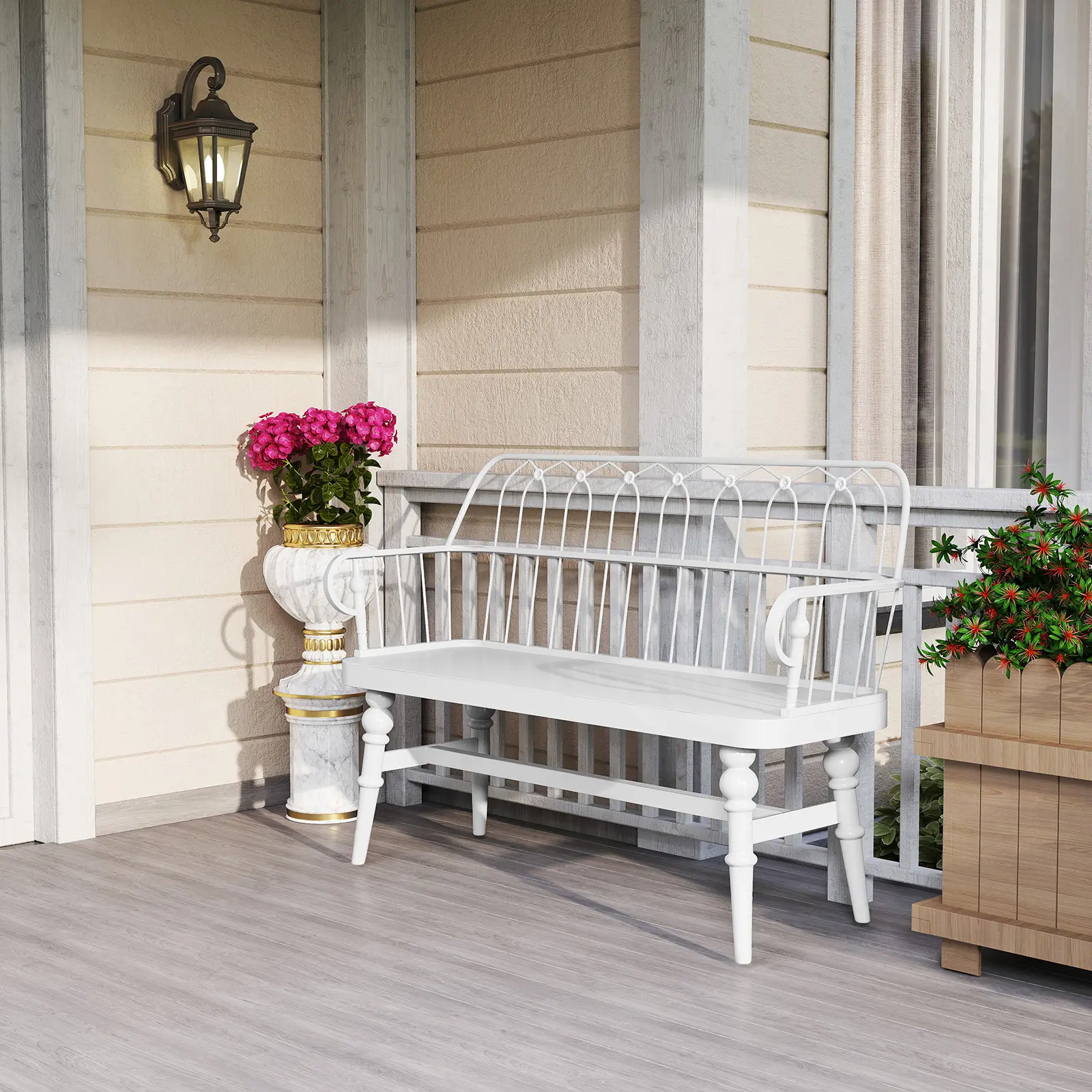 White Spindle Back Wooden Bench with Arms Farmhouse Entryway Bench for Adults Solid Wood Style Accent Bench Modern Farmhouse Style Comfortable Seating Space Saving Design Footstool With Storage summerwins
