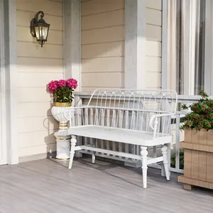 White Spindle Back Wooden Bench with Arms Farmhouse Entryway Bench for Adults Solid Wood Style Accent Bench Modern Farmhouse Style Comfortable Seating Space Saving Design